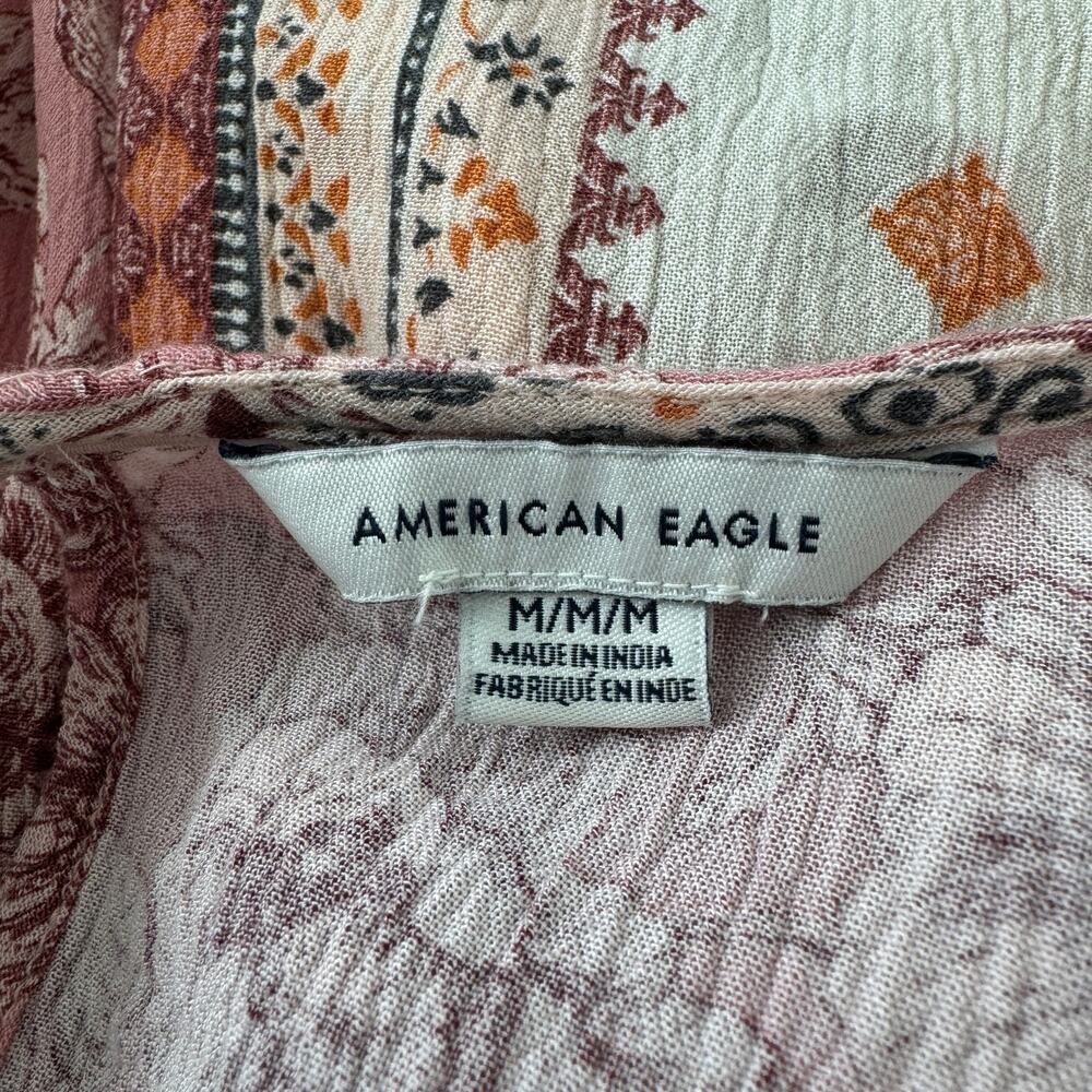 American Eagle Medium Boho Top Embroidered Tassel Long Sleeve Keyhole Pink Multi - Picture 9 of 11